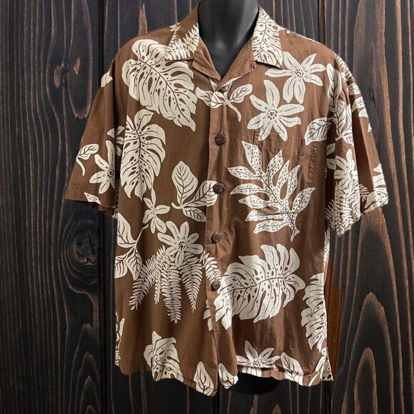 Paradise On A Hanger Brown Floral Hawaiian VTG  Button Up Shirt Size Large - Picture 1 of 6